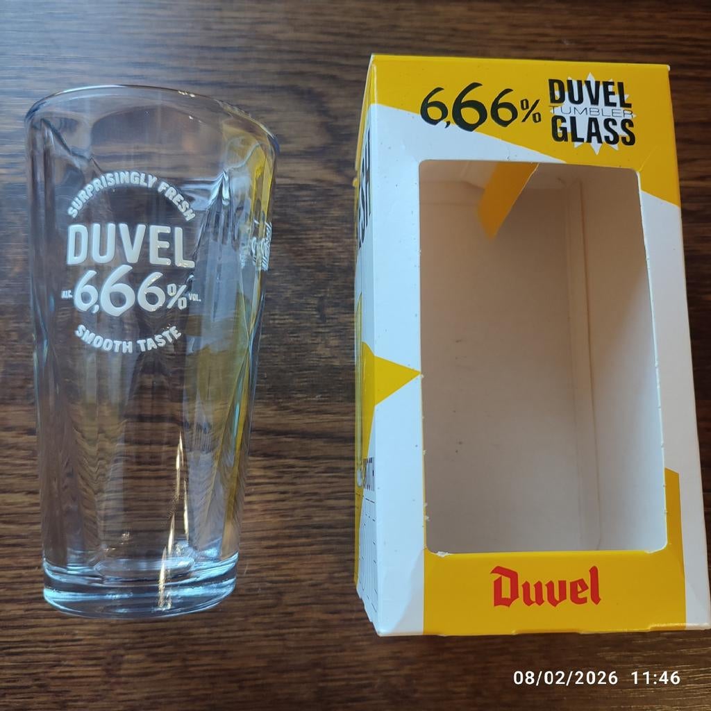 DUVEL 666 geëmailleerd glas., Verzamelen, Ophalen of Verzenden, Zo goed als nieuw, Glas of Glazen, Duvel