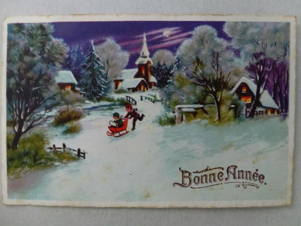 Bonne Année slee sneeuw dorpje beschreven  1935, Ophalen of Verzenden, 1920 tot 1940, Gelopen, Feest(dag)