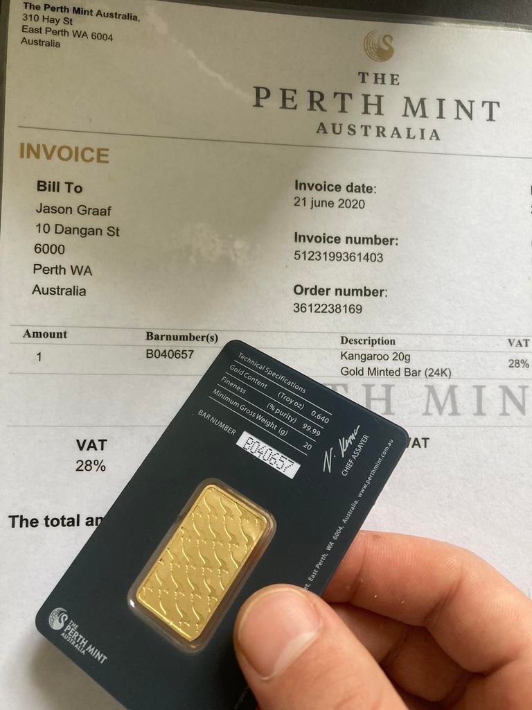 Lingot d'or Perth Mint 20 grammes, Enlèvement ou Envoi, Or