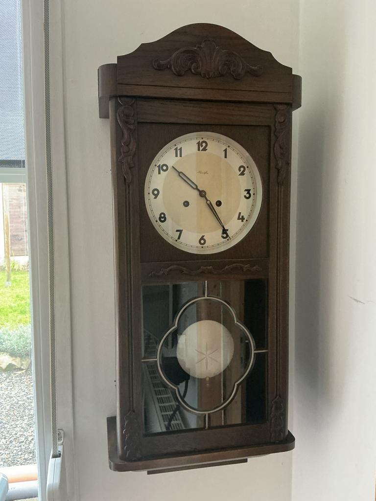 Antieke regulateur wandklok- hout en glas-bim-bam, Enlèvement