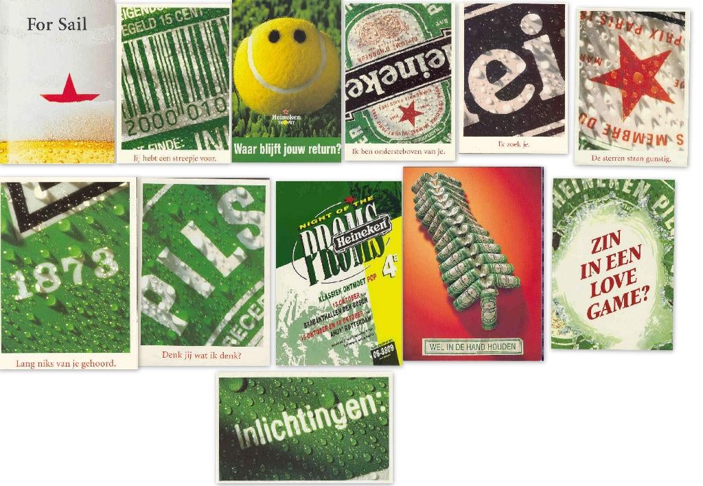 12 verschillende Heineken boomerang kaarten briefkaarten, Ophalen of Verzenden, Nieuw, Heineken