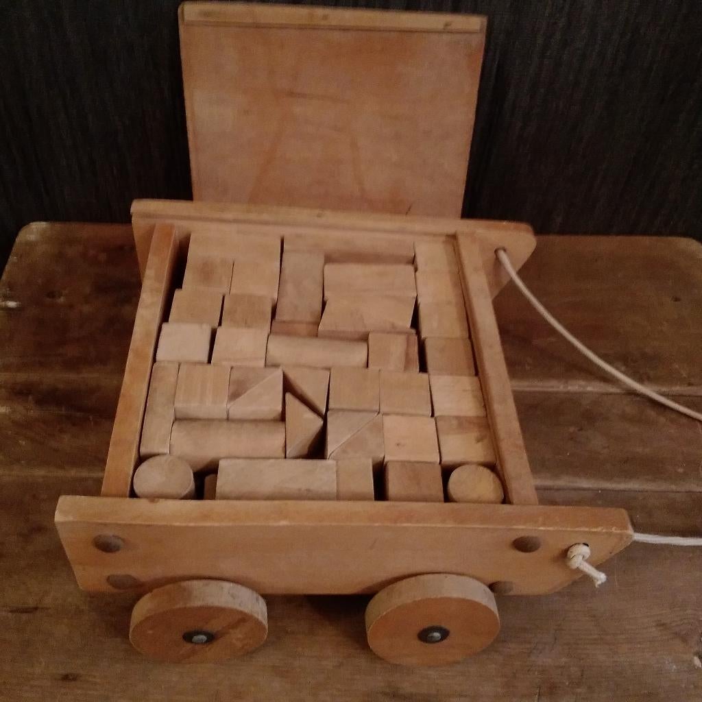 Vintage houten karretje met houten speelgoed blokken, Kinderen en Baby's, Verzenden, Gebruikt