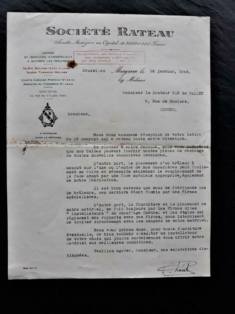 brief 1946 SOCIETE RATEAU  VERWARMINGSKETELS 1946, Ophalen