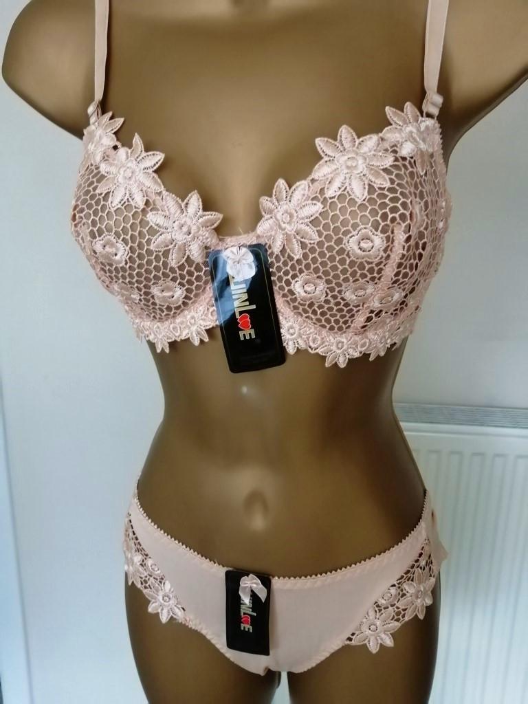 Chique Goudbeige BH met Slip voor D-Cups, Ophalen of Verzenden, Beige, Setje