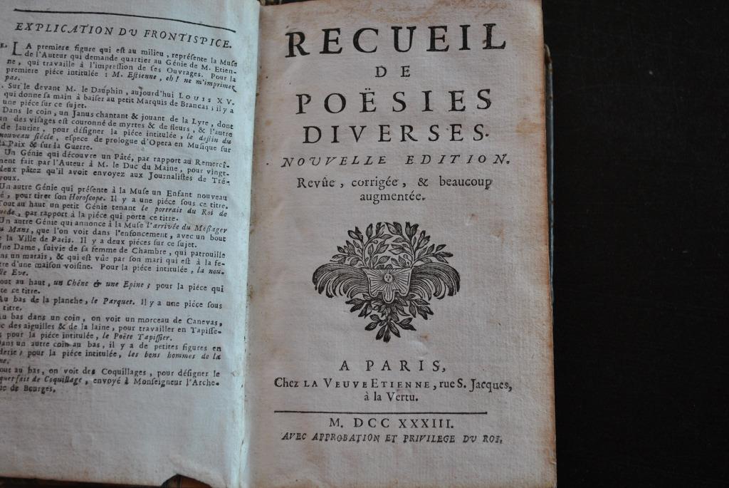 Recueil de poésies diverses Chez veuve Etienne La Vertu 1733, Enlèvement ou Envoi