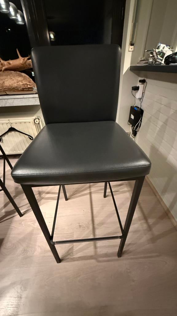 Barstoelen zwart leder, Ophalen, Met voetsteun, 60 tot 90 cm, Leer