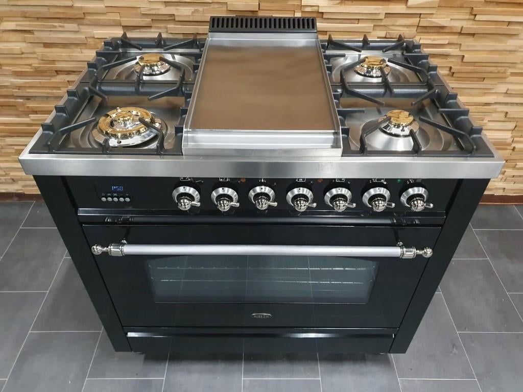 🔥Poêle Boretti de luxe 90cm noir brillant + 1 four, Gaz, Classe énergétique A ou plus économe, Enlèvement ou Envoi, Comme neuf