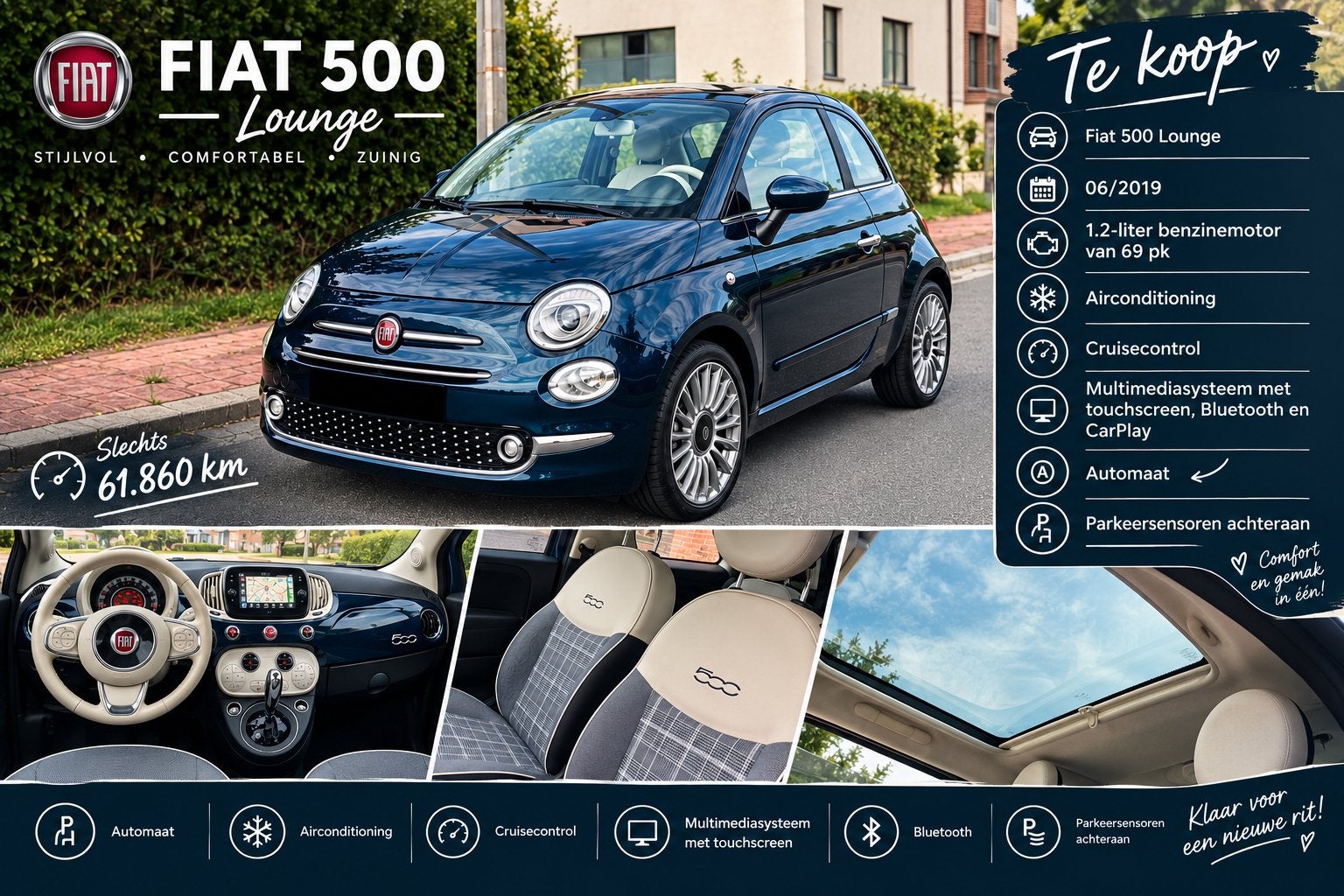Fiat 500 Lounge Dualogic Automaat, Automaat, Blauw, Leder en Stof, Particulier