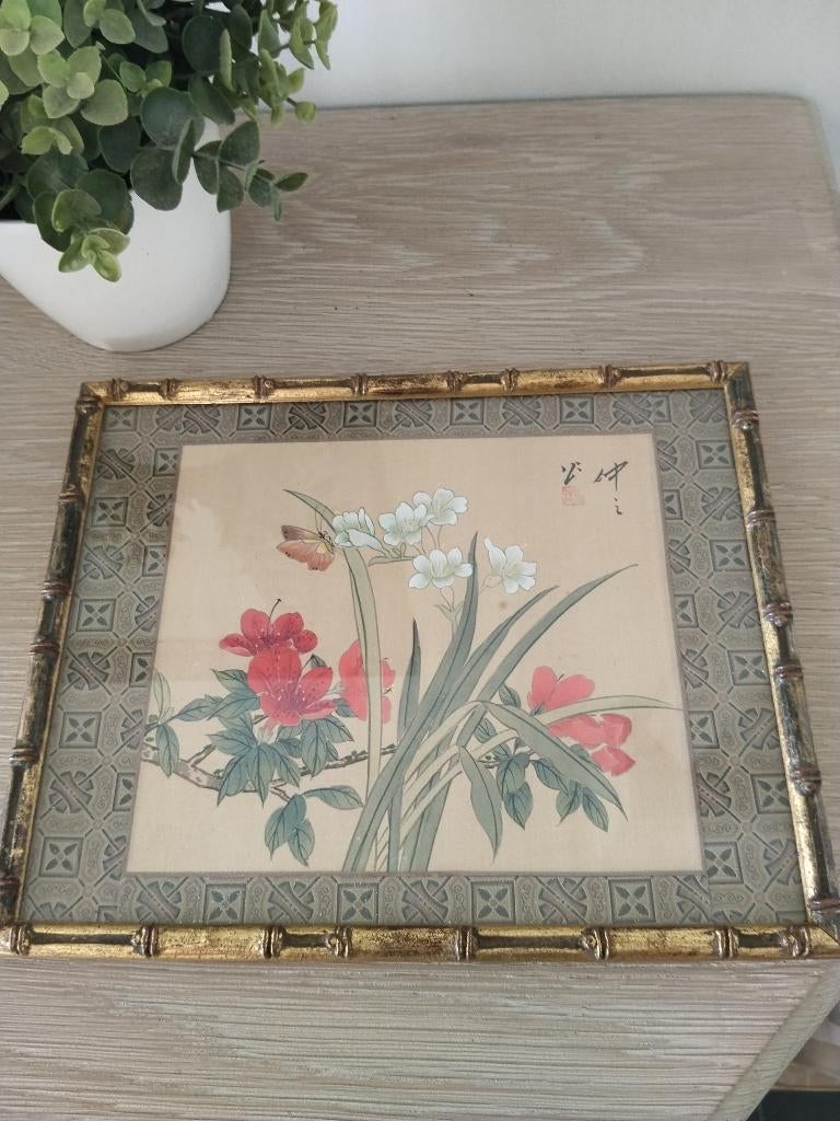 vintage houten kader met bloemprent in achter glas, Vintage, Ophalen of Verzenden, Zo goed als nieuw, Achter glas