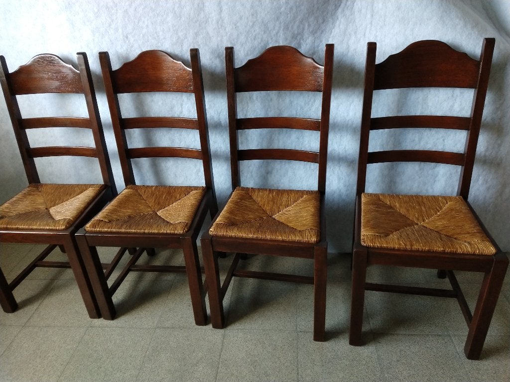 4 eiken rustieke stoelen  met rieten zittingen., Ophalen, Gebruikt, Bruin, Rustiek