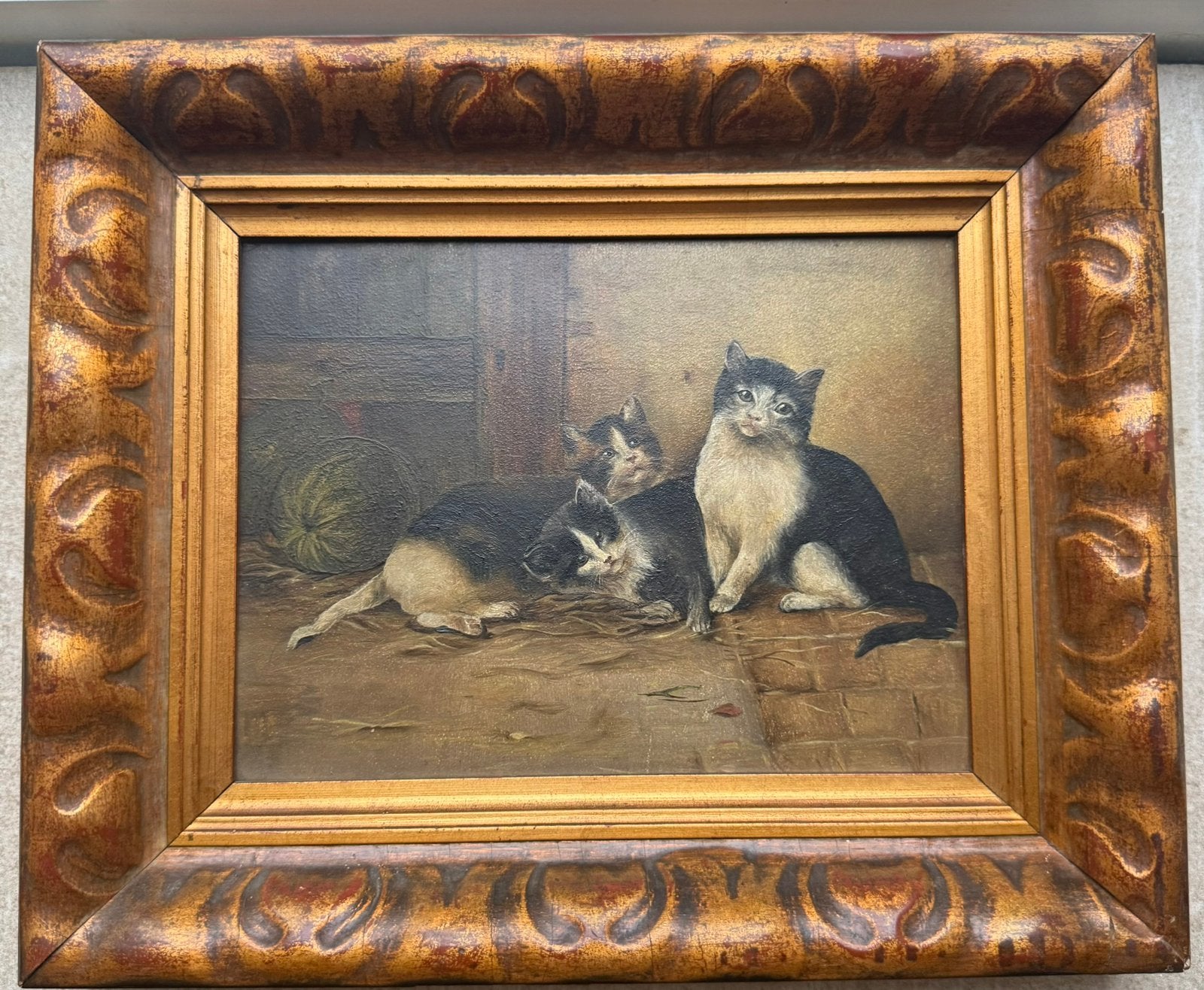Vintage Schilderij "Drie Katjes" – Lijst Oostende, Antiquités & Art, Art | Peinture | Classique, Enlèvement ou Envoi, Vintage