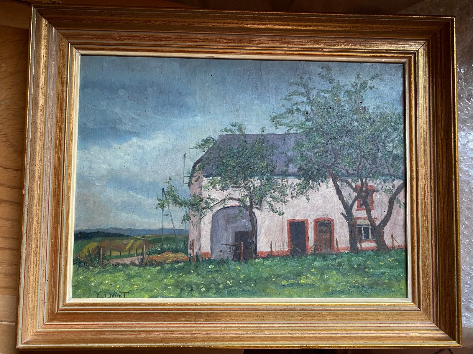 Huile sur panneau de Louis DRICOT "Ferme en Ardenne", Enlèvement, Fleurs, Panneau