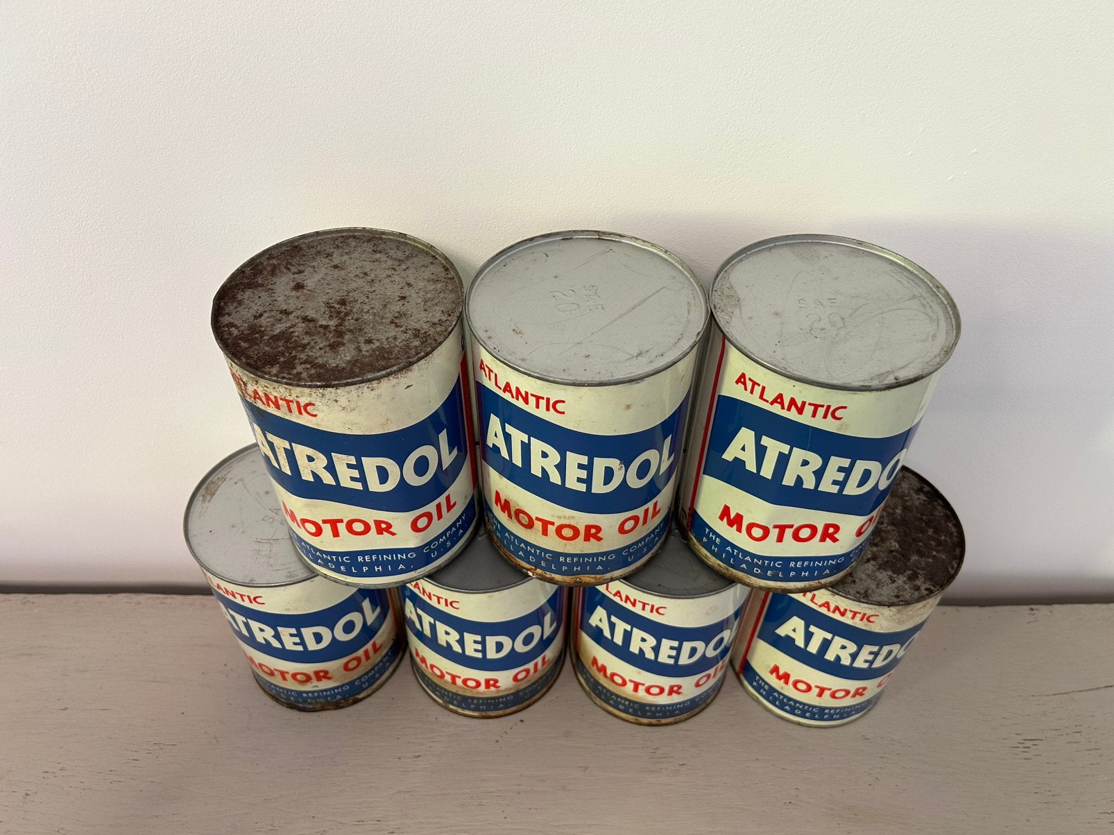 Set van 7 blikjes Amerikaanse olieblikolie Atredol-oliën, Verzamelen, Ophalen of Verzenden