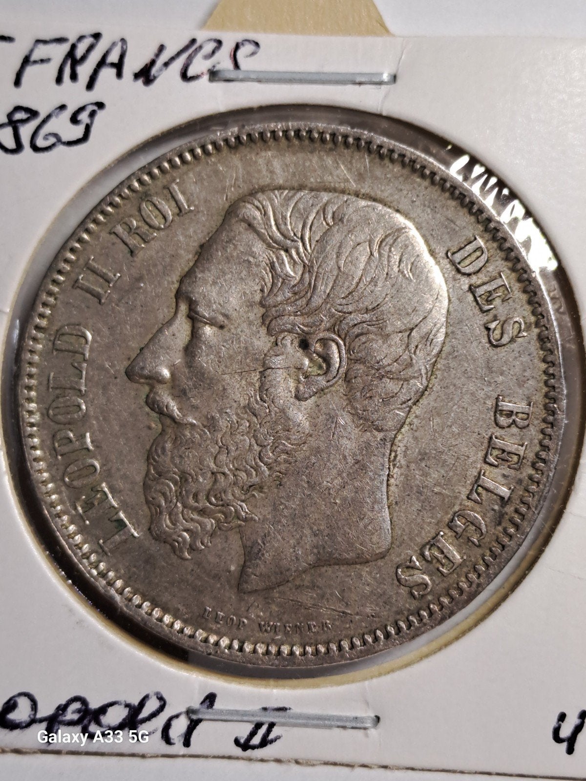 Belgique-Leopold ll-5 francs 1869, Enlèvement ou Envoi, Argent, Monnaie en vrac, Argent