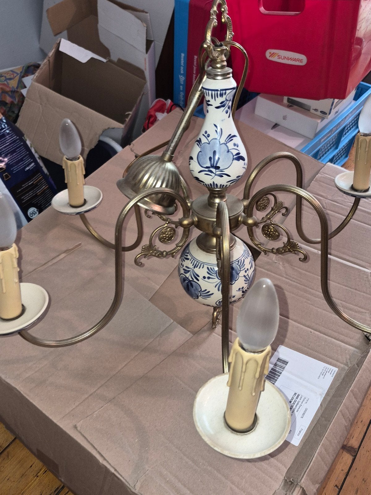 Mooie vintage Delfts blauwe kroonluchter, messing&porselein, Ophalen