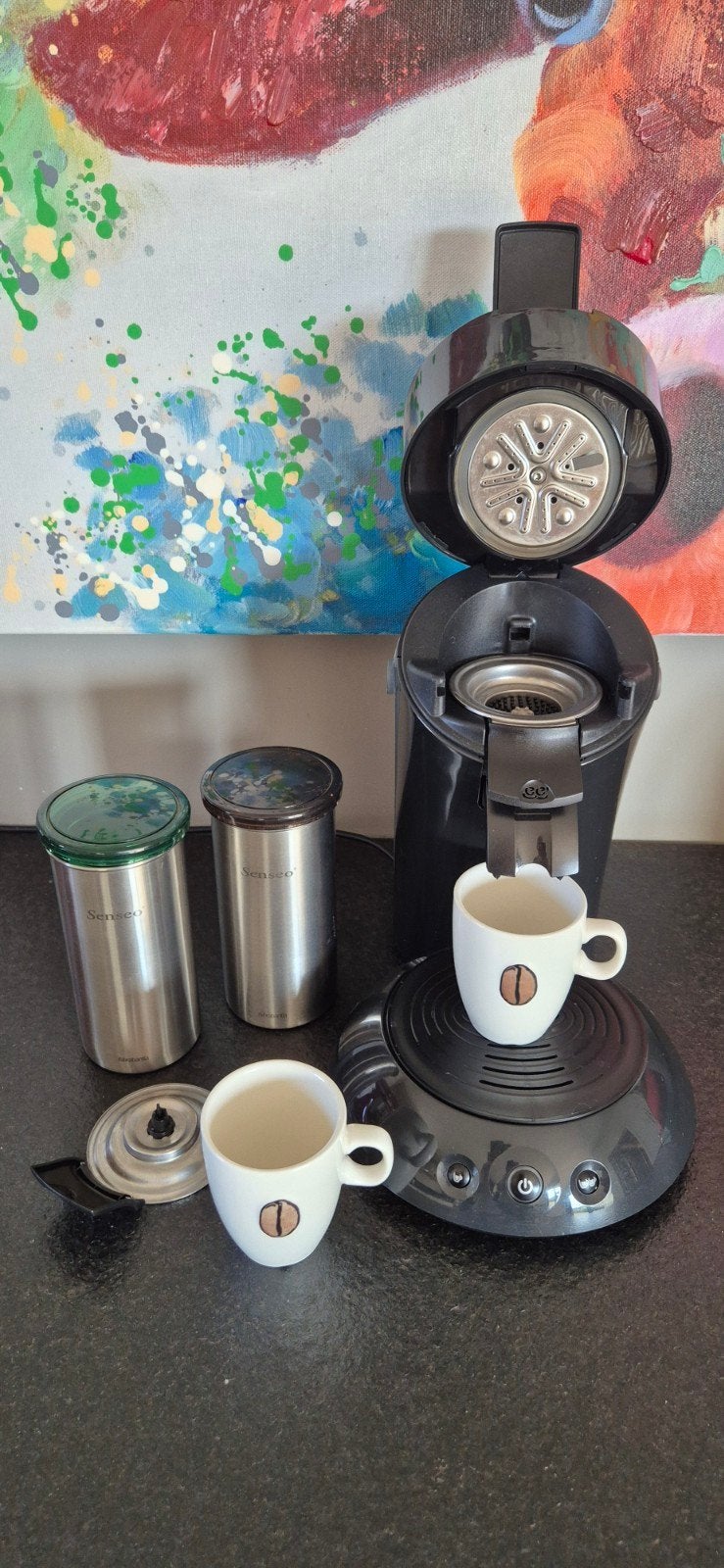 Philips Senseo + 2 voorraadbussen + 2 tassen, Réservoir d'eau amovible, Dosettes et capsules de café, Comme neuf, 4 à 10 tasses