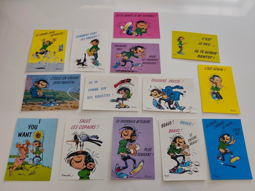 Lot de 14 cartes postales Gaston Lagaffe, Collections, Personnages de BD, Comme neuf, Image, Affiche ou Autocollant, Gaston ou Spirou