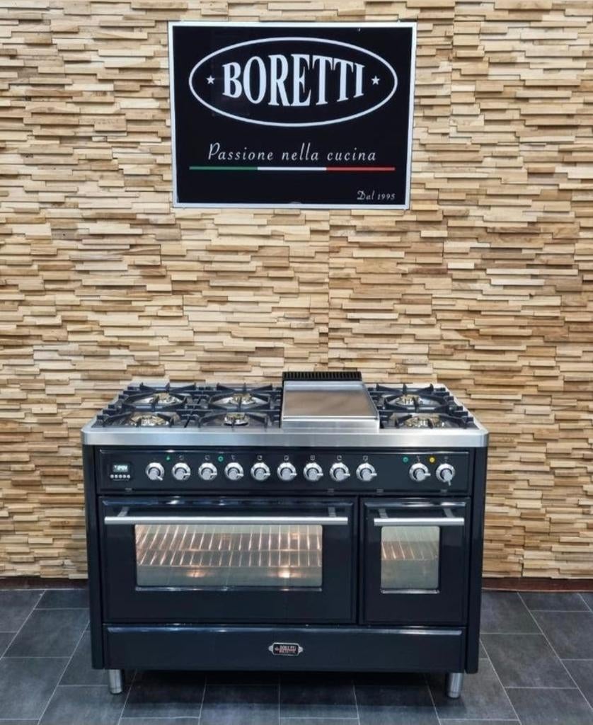 Luxe Boretti Majestic Fornuis 120cm zwart Frytop 7 pits, Ophalen, 60 cm of meer, Zo goed als nieuw, Energieklasse A of zuiniger