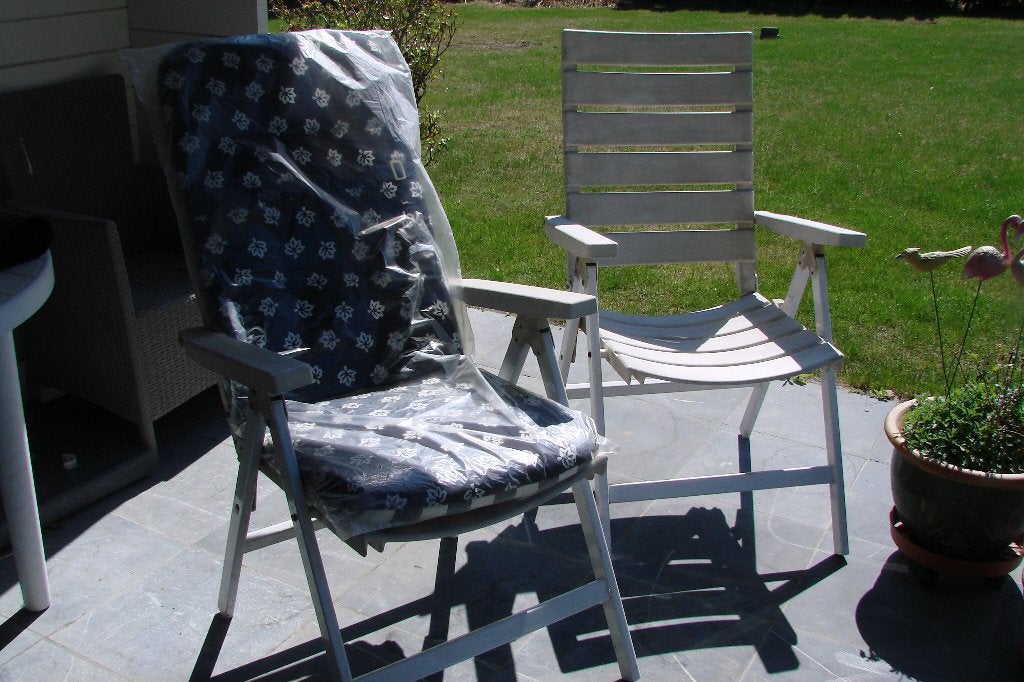 2 tuinstoelen: opplooibaar-verstelbaar met kussens, Jardin & Terrasse, Chaises de jardin, Enlèvement, Utilisé, Synthétique, Ajustable