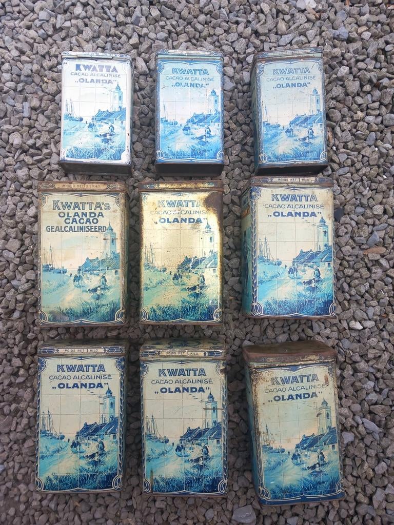 9 oude Kwatta cacaodozen, Ophalen of Verzenden, Gebruikt