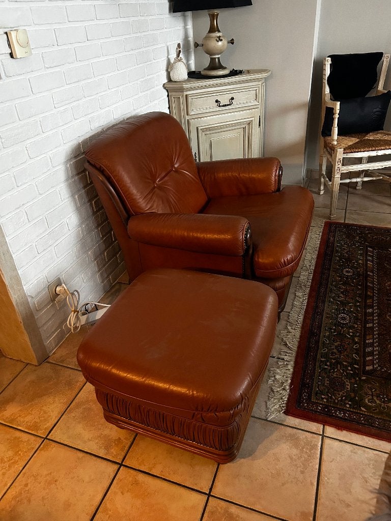 2 lederen zetels (1 persoon) + poef, Maison & Meubles, 75 à 100 cm, Moins de 150 cm, Une personne, Enlèvement