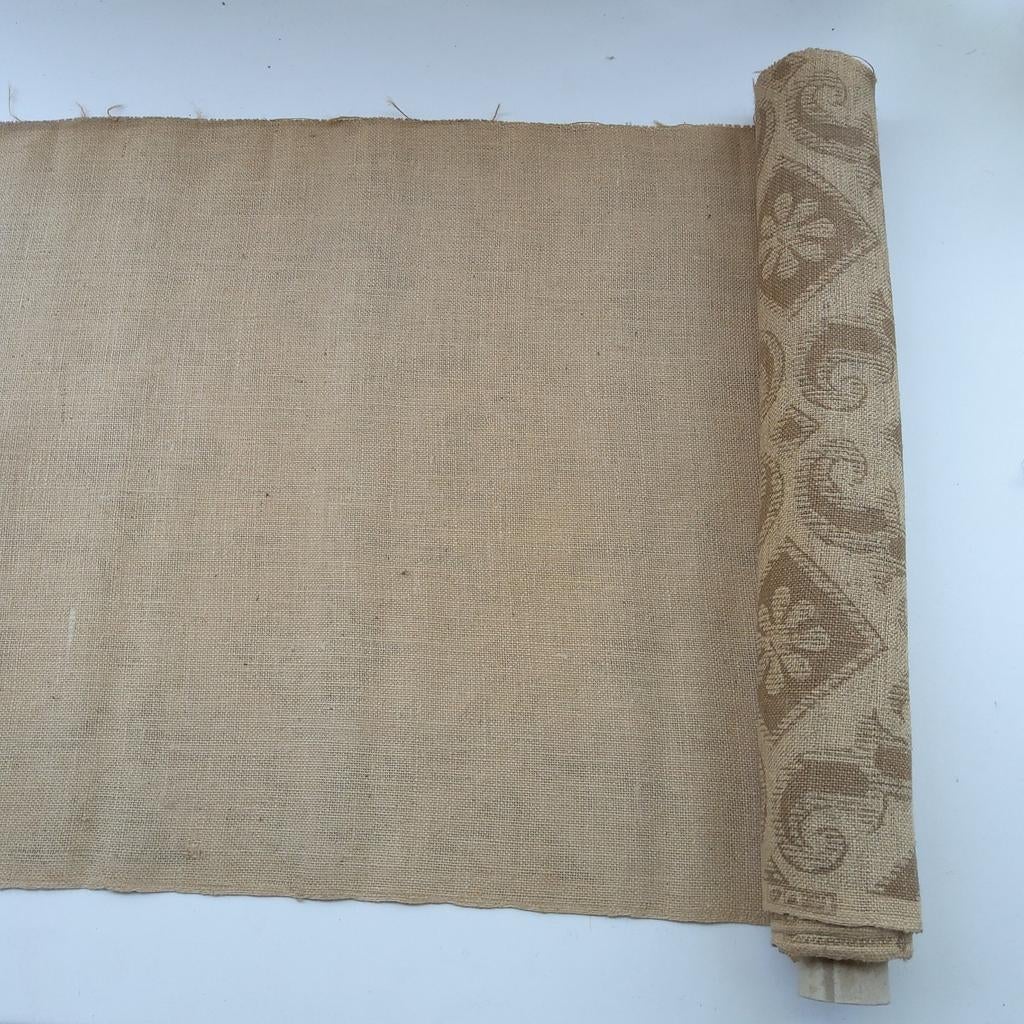 6 meter jutestof met één bedrukte kant. Op rol., Hobby en Vrije tijd, Stoffen en Lappen, Ophalen of Verzenden, Zo goed als nieuw