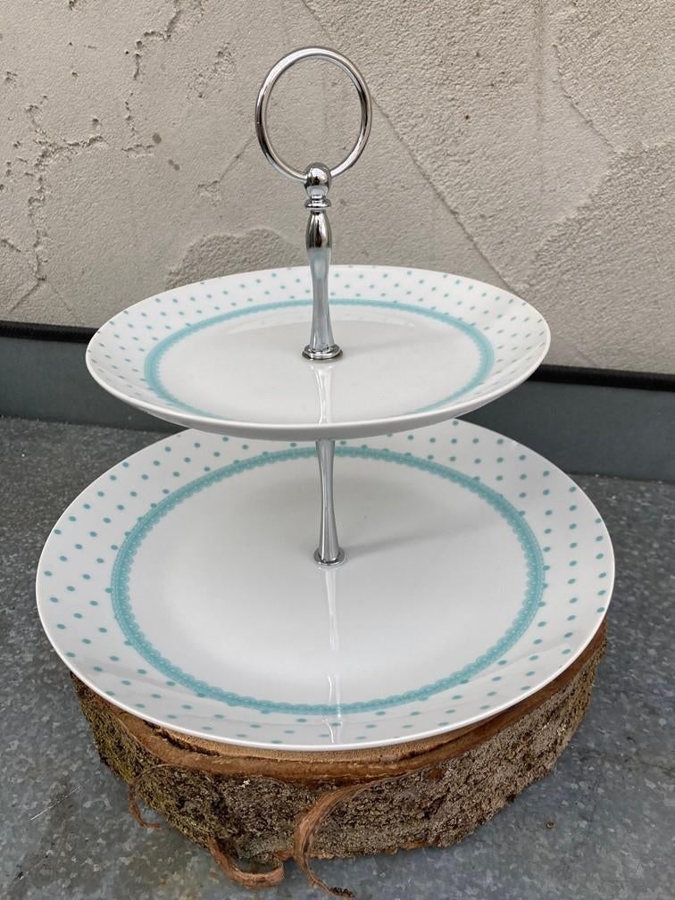 ETAGERE 2 LAGEN PORSELEIN 27 EN 19 CM MET HANDVAT NIEUW, Ophalen of Verzenden, Nieuw