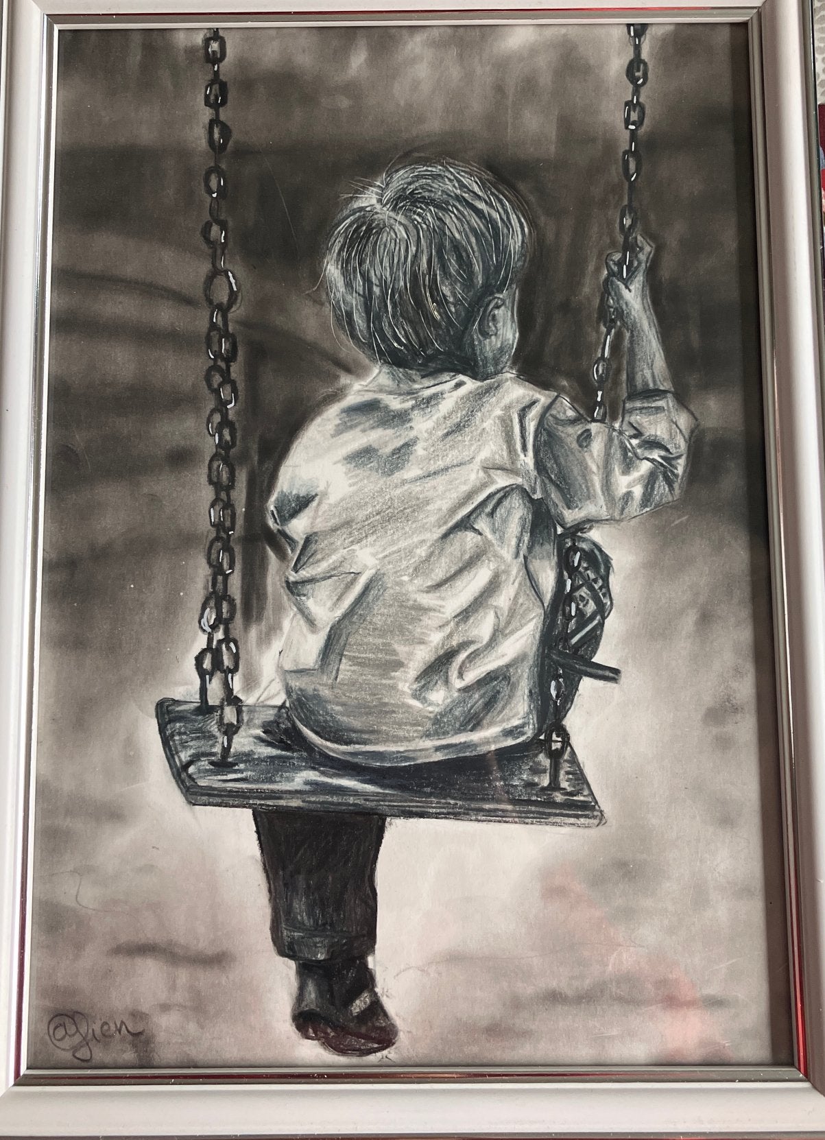 Unieke handgemaakte tekening jongen op schommel – A4 formaat, Antiek en Kunst, Kunst | Tekeningen en Fotografie, Ophalen