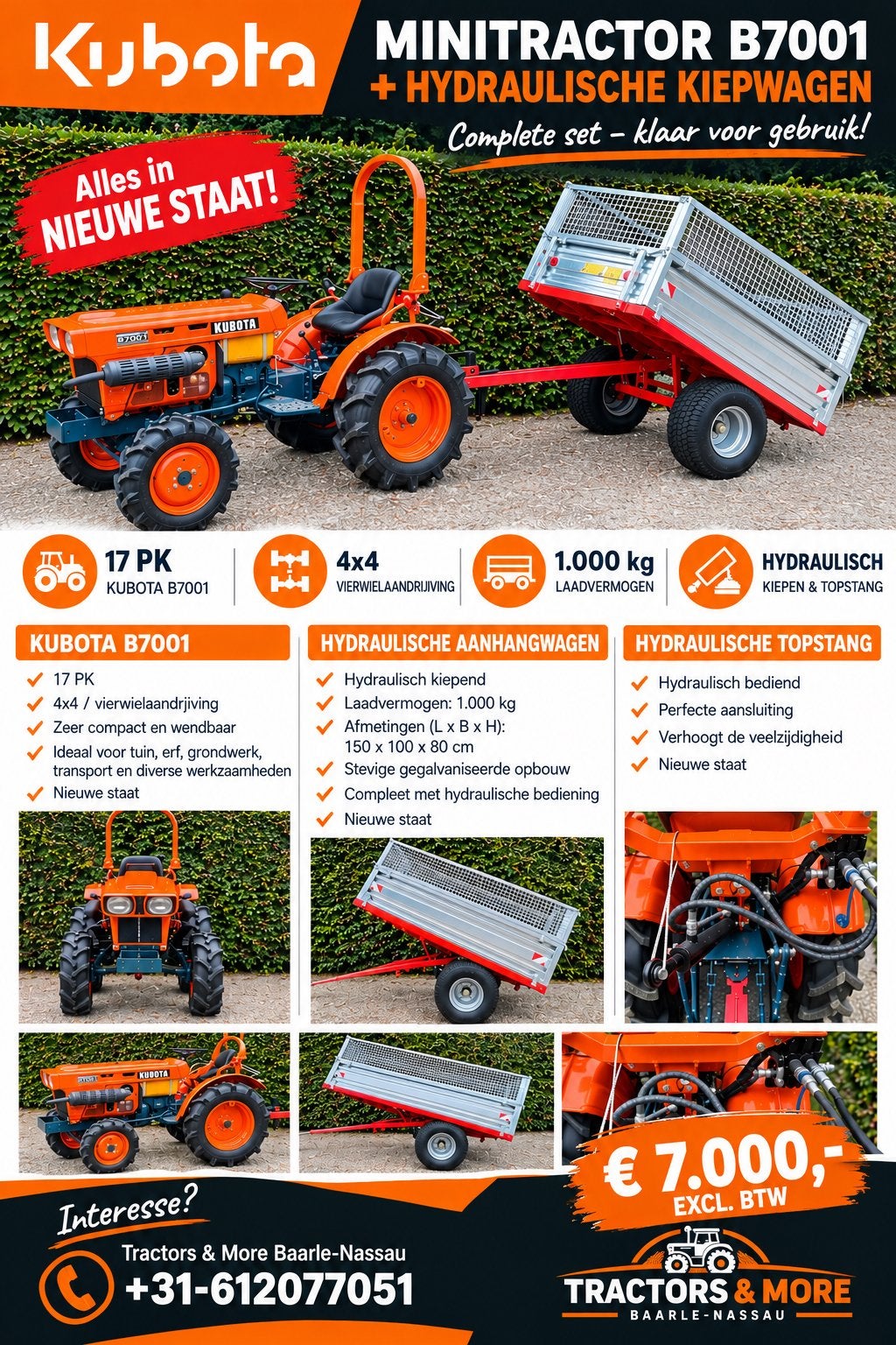 Kubota B7001 minitractor met Hydraulische Kipekar|4x4|17 PK, Enlèvement