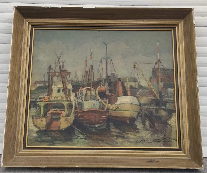 huile sur toile bateau signe henneighen marcel, Antiquités & Art, Enlèvement ou Envoi, Toile