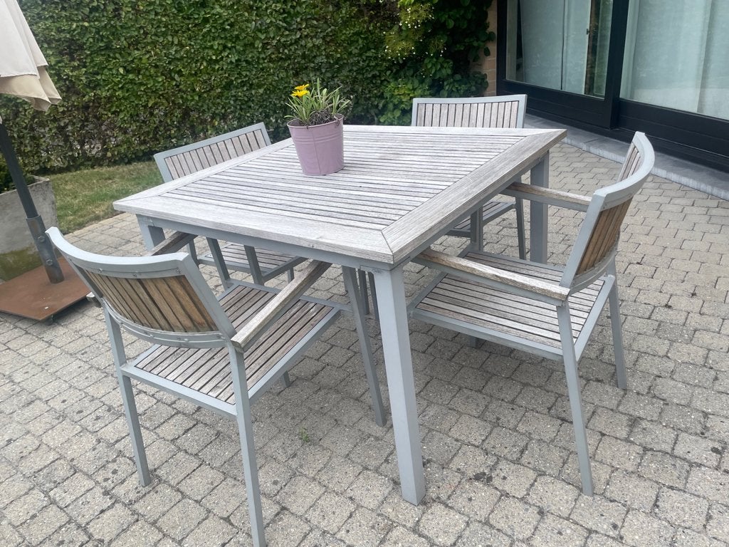 Tuintafel teak en 4 stoelen, Ophalen, 4 zitplaatsen, Gebruikt, Teakhout