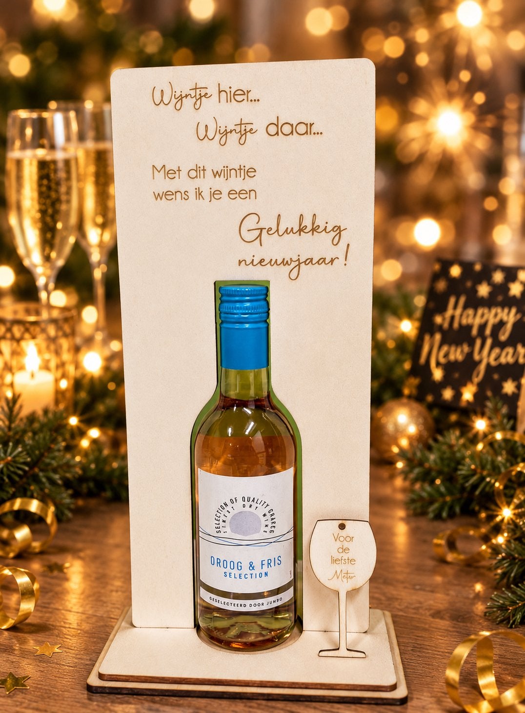 Originele nieuwjaarskaart flesje wijn 250ml, Ophalen of Verzenden, Zo goed als nieuw