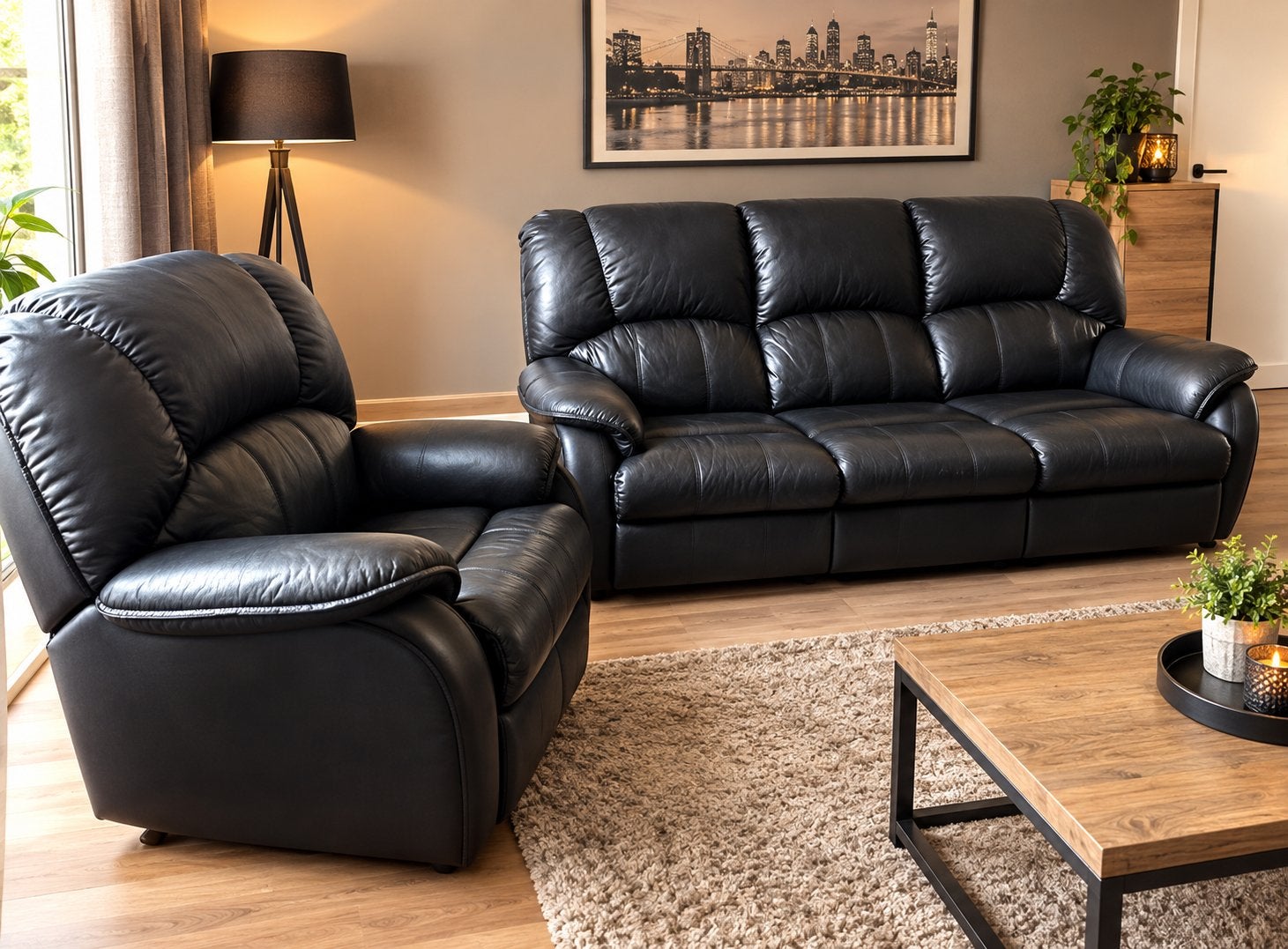 Lederen zetel - salon. Driezit met lounche + 1 zit, Maison & Meubles, Enlèvement, Comme neuf