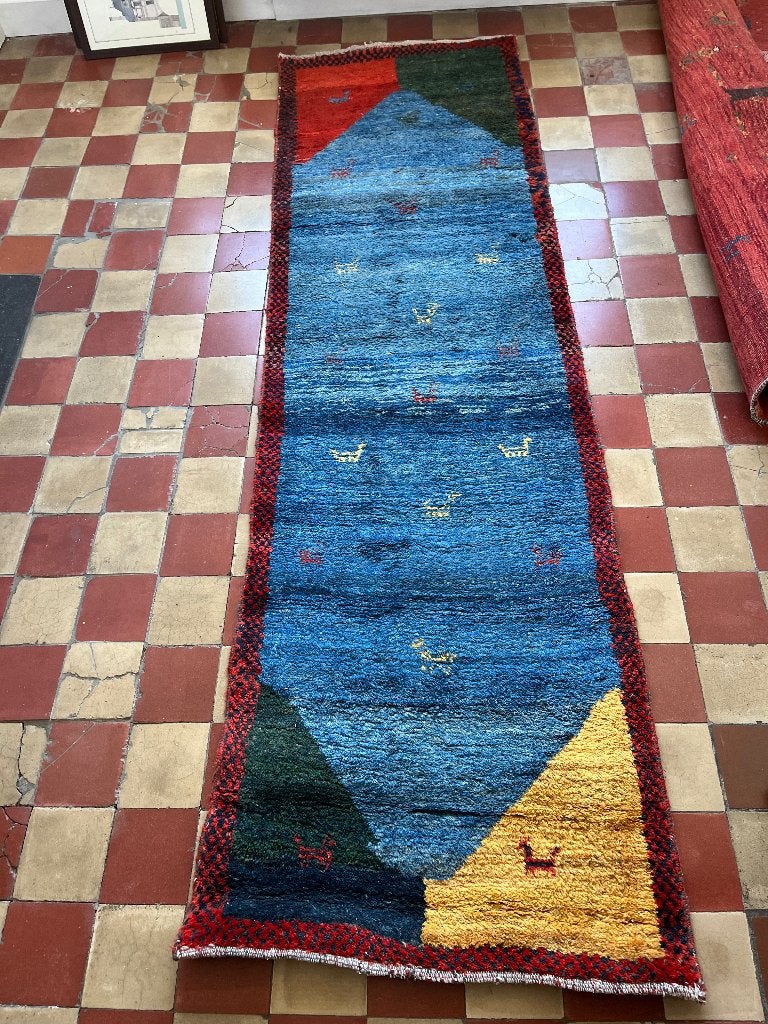 Tapis couloir Gabbeh persan noué main – 290  90 cm, Ophalen, Gebruikt, Blauw, 200 cm of meer