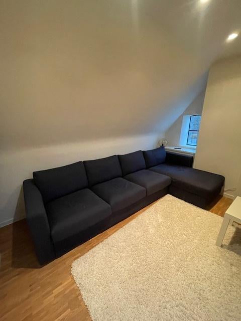 Vimle 4-zitsbank met long chaise Ikea te koop donkerblauw, Ophalen, Zo goed als nieuw, Vierpersoons of meer, Diepte links 98 rechts 164cm