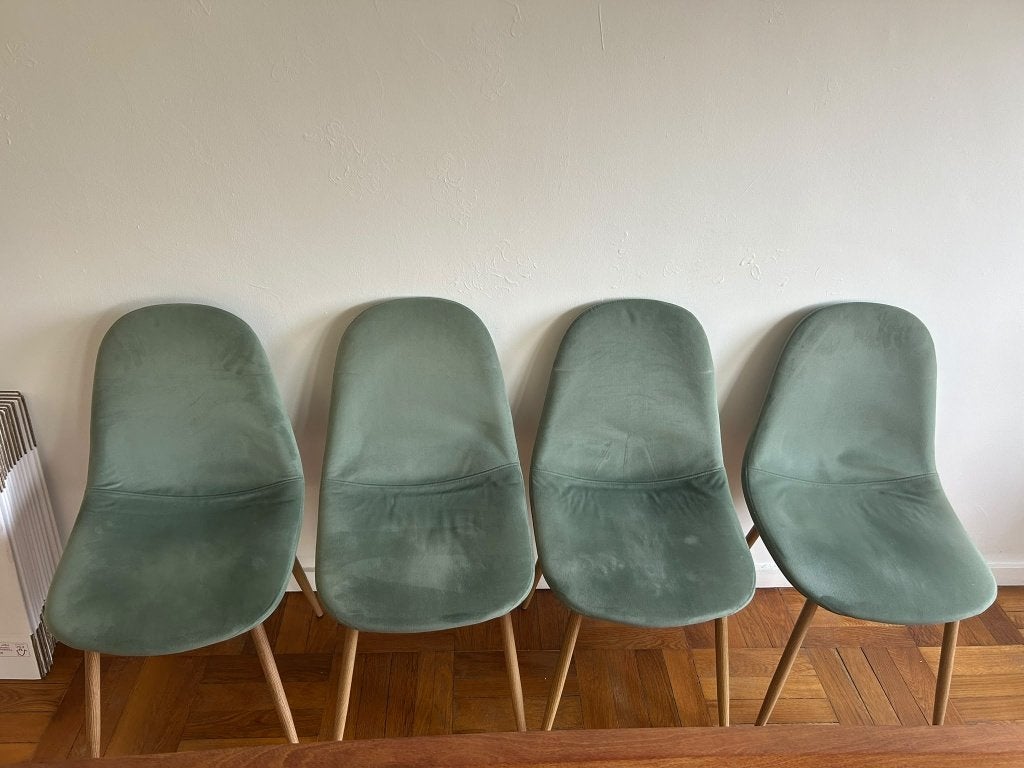 Lot de 4 chaises en velours – Maisons du Monde, Maison & Meubles, Enlèvement, Comme neuf, Bleu, Quatre