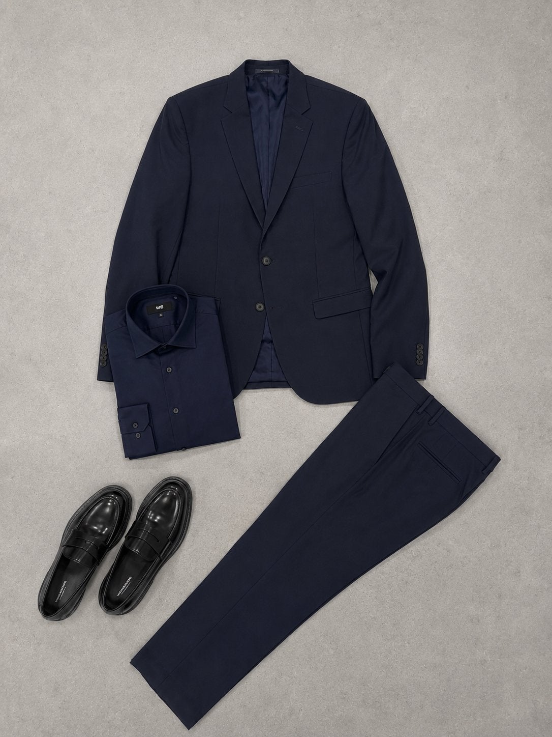 Donker blauw pak + schoenen, Ophalen, Zo goed als nieuw, Maat 48/50 (M), Blauw