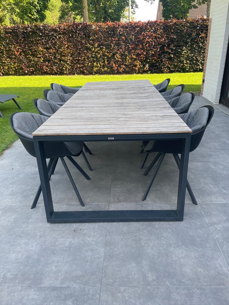 Tuintafel teak Bristol + 8 stoelen + kussens twv 5050,2 euro, Chaise, Salons de jardin, Comme neuf, 8 places