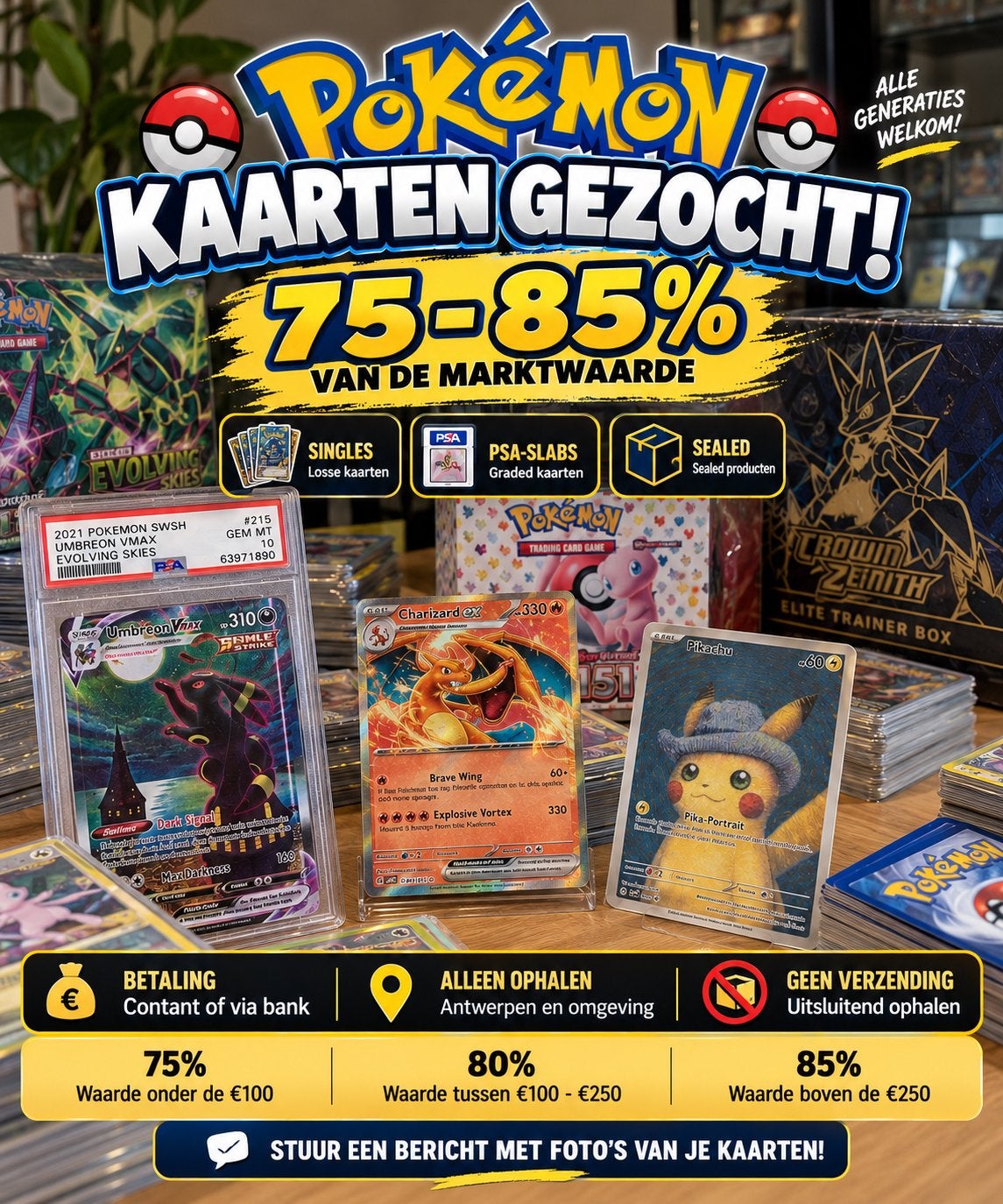 Pokémonkaarten gezocht!  Singles, PSA & Sealed – Antwerpen, Hobby en Vrije tijd, Ophalen, Zo goed als nieuw
