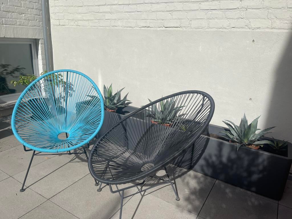 Zwarte en blauwe tuinstoel, Tuin en Terras, Ophalen, Gebruikt, Metaal, Stapelbaar