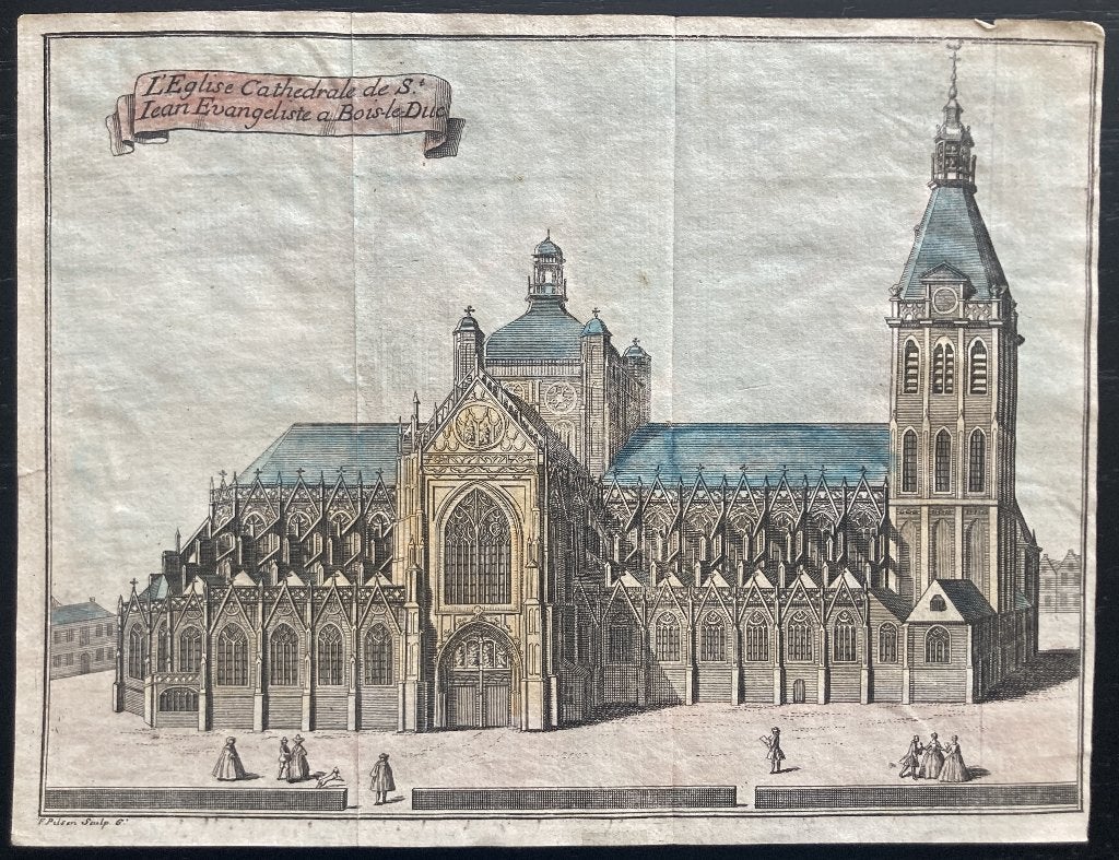 Gravure originale de 1750, cathédrale de Den Bosch - Pilsen, Enlèvement ou Envoi, 15 cm, 20 cm, Architecture