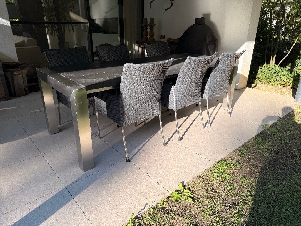 Table de jardin moderne en acier inoxydable avec 6 chaises, Enlèvement, Utilisé, Rectangulaire, Inox
