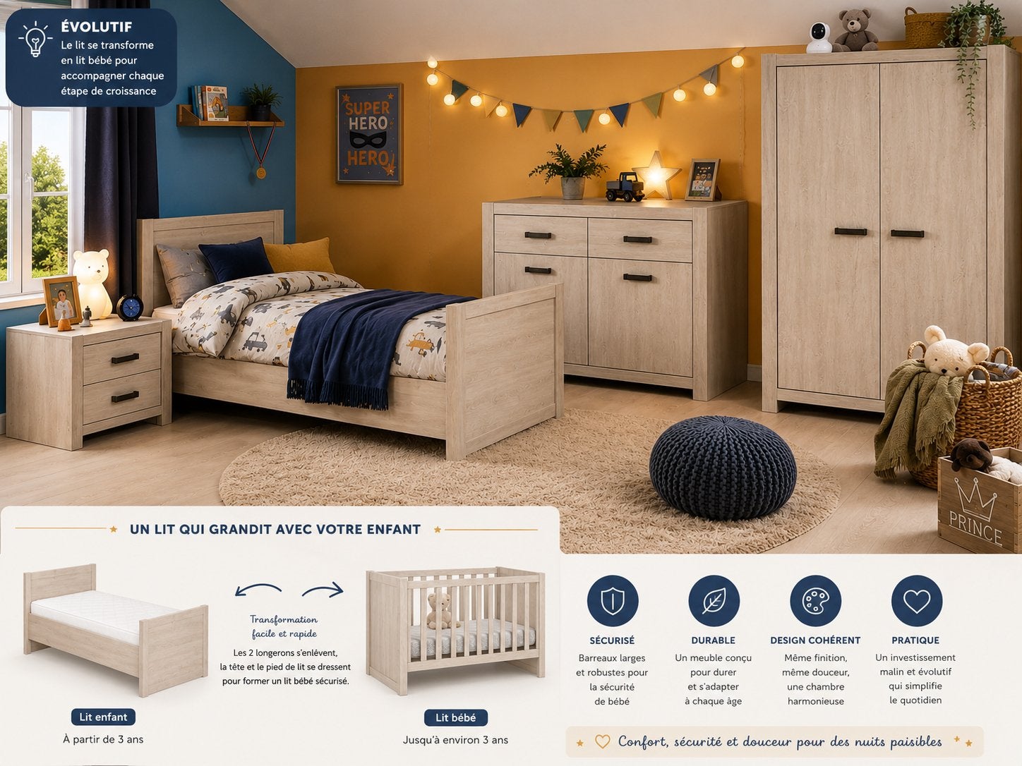 Chambre enfant-Lit transformable+Matelas+Commode+Garde-robe, Enlèvement, Comme neuf