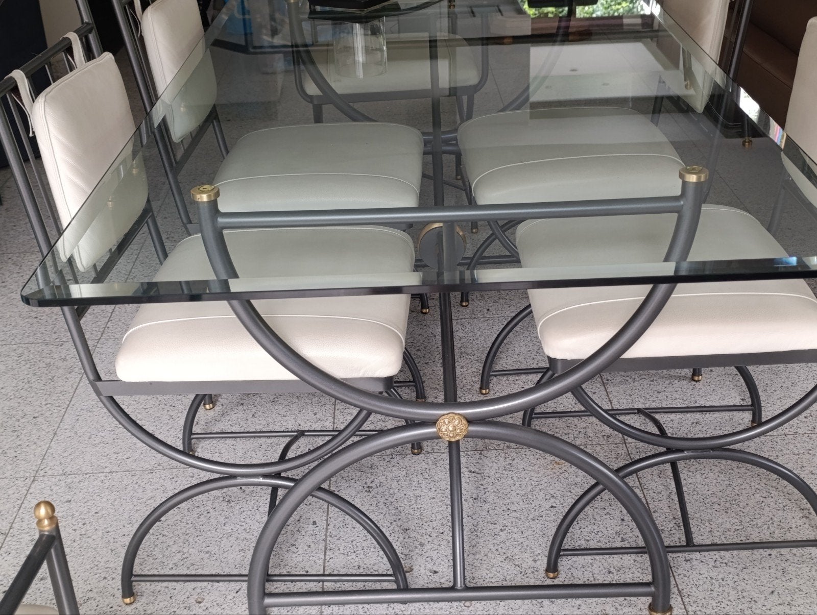 glazen tafel smeedwerk plus 6 stoelen, Ophalen
