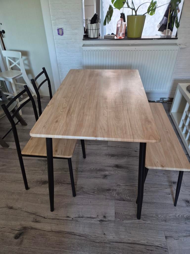 Tafel (110x70) met 2 stoelen en zitbank, bruin zwart, Enlèvement