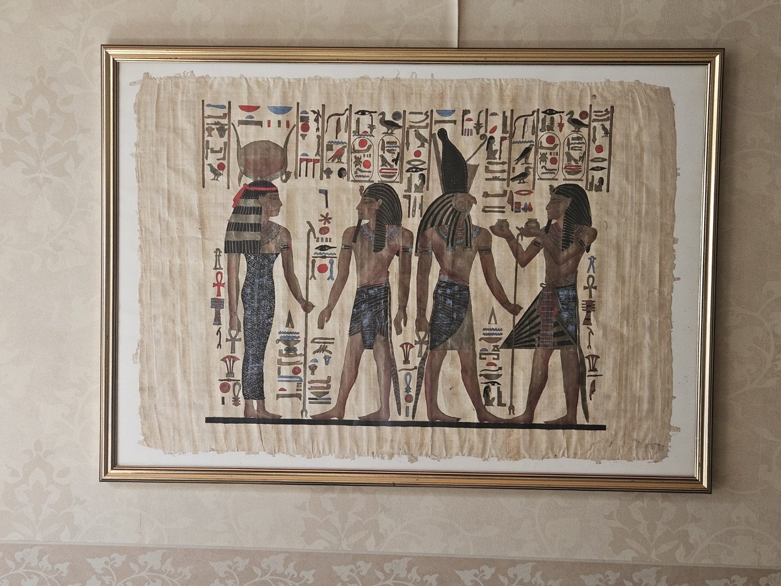 Kader met egyptisch tafereel in papyrus, Antiek en Kunst, Kunst | Etsen en Gravures, Ophalen