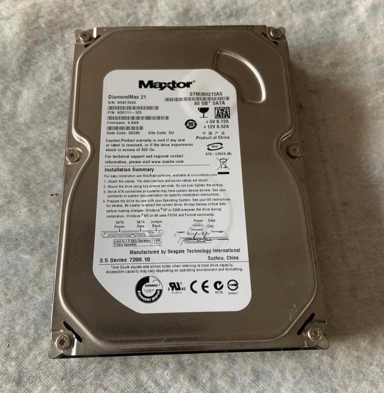 Maxtor Diamond Max 21 STM380215AS Series 3.5" 80GB SATA 80, Computers en Software, Harde schijven, Ophalen of Verzenden, Zo goed als nieuw