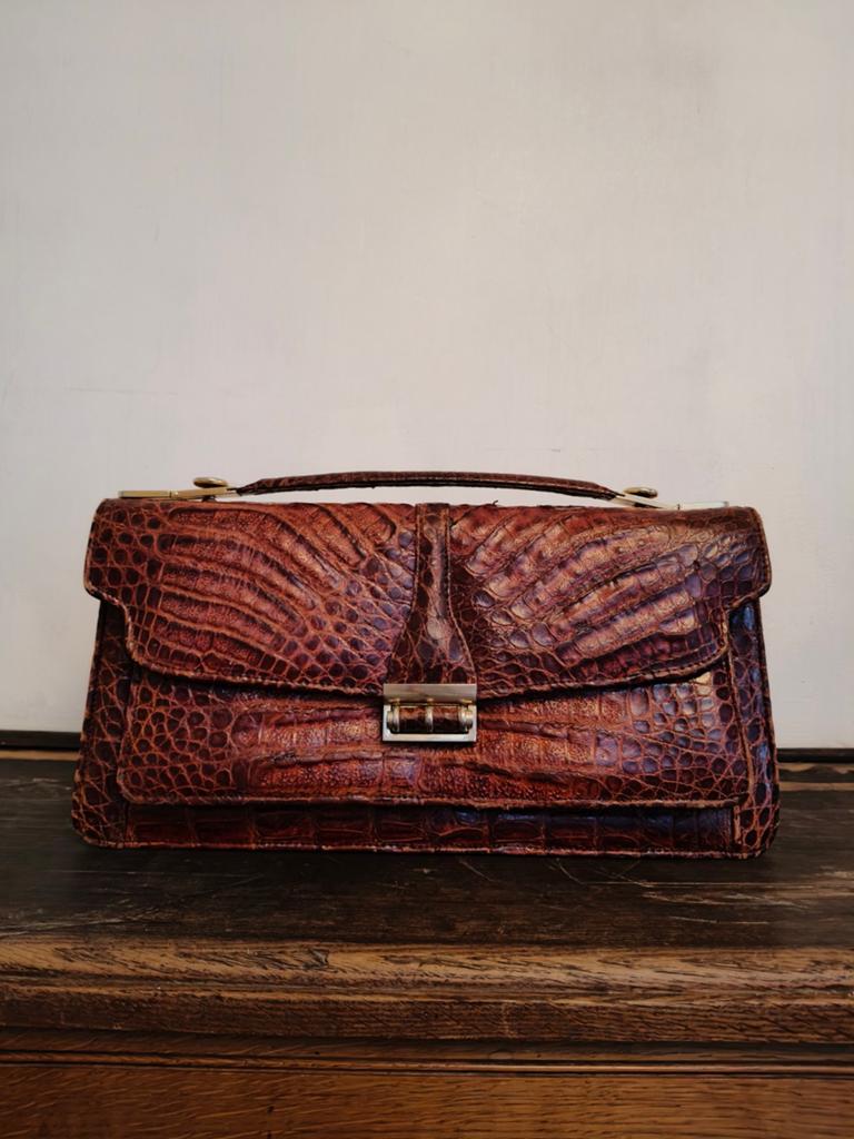 Vintage krokodillenleren handtas cognac bruin, Handtassen en Accessoires, Tassen | Damestassen, Ophalen of Verzenden, Bruin, Handtas