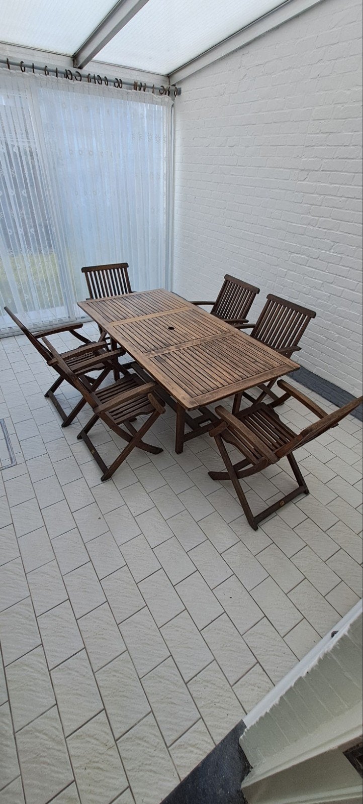 Terras tafel met 6 stoelen in teak, Tuin en Terras, Ophalen, Hout