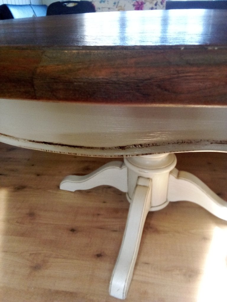 ronde landelijke eetkamertafel met teak blad, Huis en Inrichting, Tafels | Eettafels, Ophalen, Zo goed als nieuw